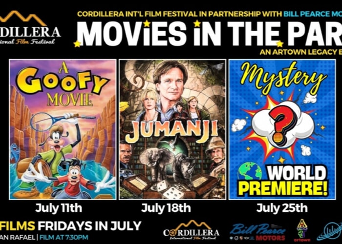 MOVIES IN THE PARK event poster with Goofy Movie, Jumanji and a world premiere.