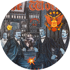 A detailed, round illustration of four men in suits sitting at a bar, joined by Gonzo from the Muppets; bright, ornate red and gold symbols and stars decorate the scene’s background.
