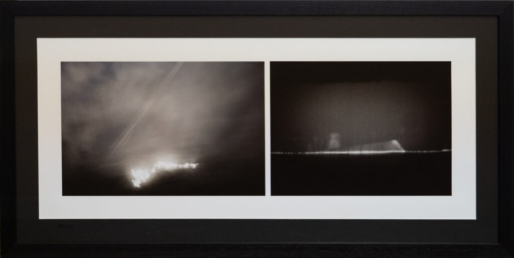 A framed photograph featuring two side-by-side black and white abstract images; the left image shows blurry light streaks and a glowing area, while the right image displays faint horizontal lights on a dark background.