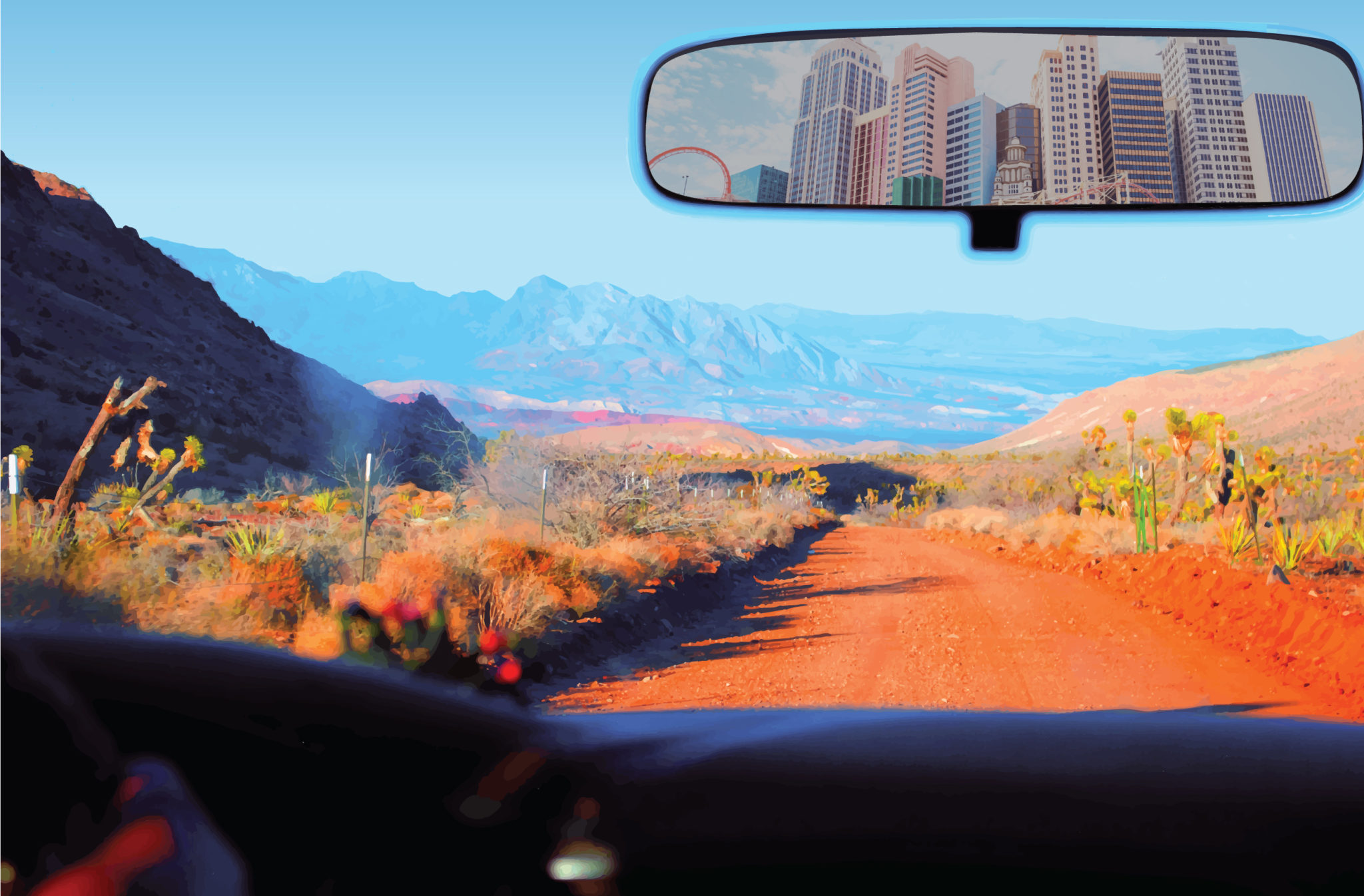 Un coche circula por una carretera desértica de vibrante tierra roja, rodeado de montañas bajo un cielo azul despejado. El retrovisor refleja el horizonte de la ciudad.