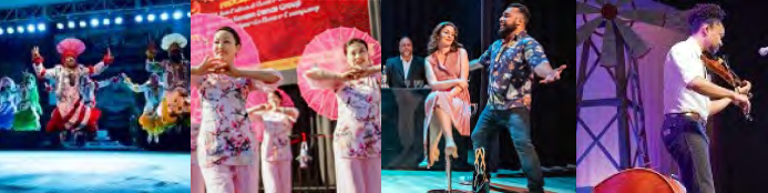 A collage of live performances featuring traditional dancers, women with pink parasols, a seated singer with a pianist, a man singing passionately, and a violinist performing on stage.