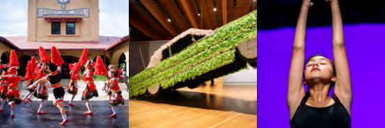 A collage: dancers in red costumes perform outdoors, a car covered in greenery is displayed indoors, and a woman in black raises her arms on a purple-lit stage.