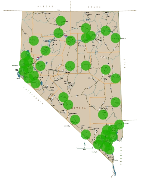 Map of Nevada with green circles marking various locations throughout the state, indicating specific sites or data points spread across urban and rural areas. Major highways and cities are also visible.