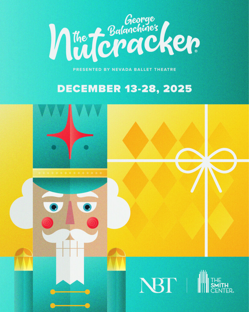 Blude and yellow illustration of the Nutcracker in front of a yellow giftwrapped present: Text: George Balanchine's The Nutcracker, December 13-28, 2025