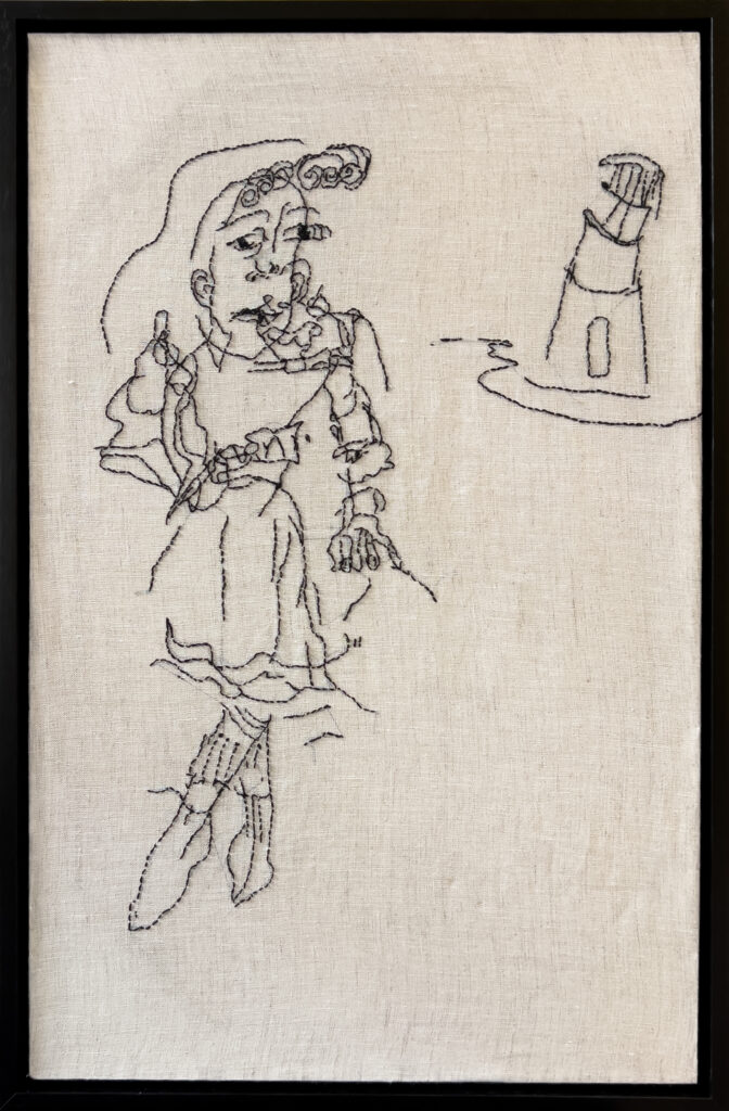 Black thread embroidery on fabric depicts an abstract, loosely outlined figure of a person in period clothing seated on the left, with a small tower-like structure and a waving hand on the right. The background is plain.