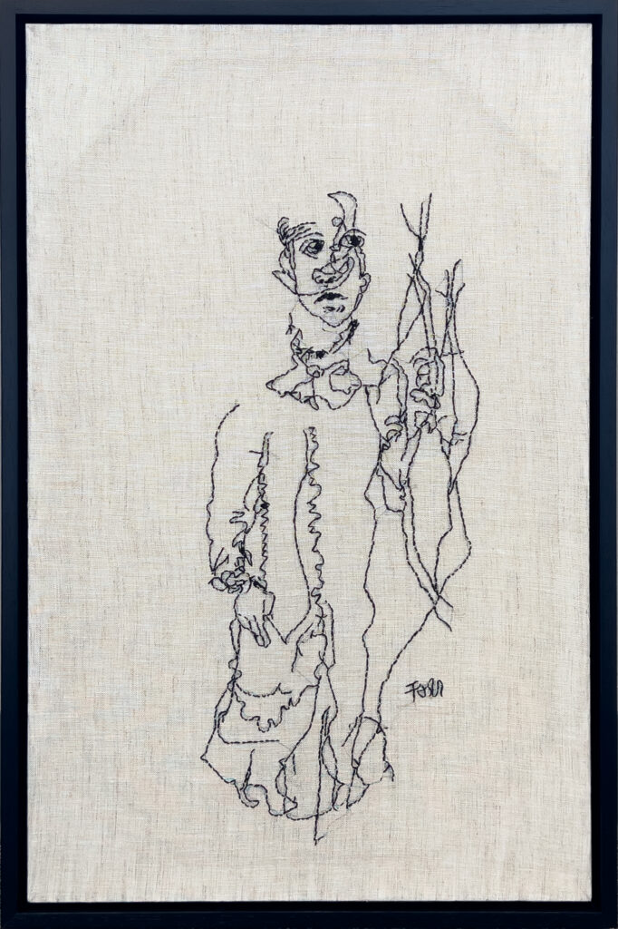 Black thread embroidery on beige fabric depicts an abstract, sketch-like figure wearing ruffled clothing. The design uses loose, continuous lines and is signed “Faith” in the lower right corner. The work is framed in black.