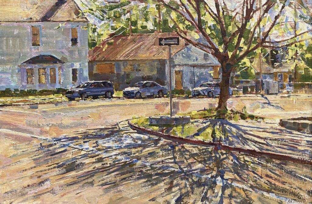 A painting of a neighborhood street.