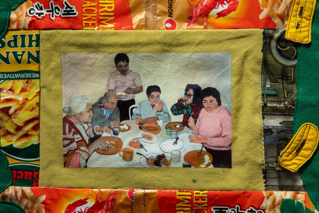Jeanne F. Jalandoni, Dinner with Lola and Lolo in Seattle (detail), 2019, Oil on canvas stitched to food wrappers, felt, knit fabric, leather, cotton, stuffing, printed fabric. Courtesy the artist. Photo courtesy Krystal Ramirez