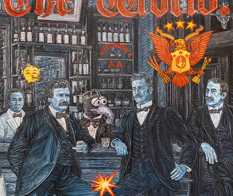 A painted bar scene with three men in suits sitting at the counter, a bartender behind them, and the Muppet character Gonzo among them. There are bright orange symbols, including an eagle and star, and a yellow emoji face on the wall.