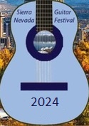 A blue guitar graphic with Sierra Nevada Guitar Festival 2024 written on it, set against a cityscape with autumn trees and mountains in the background.